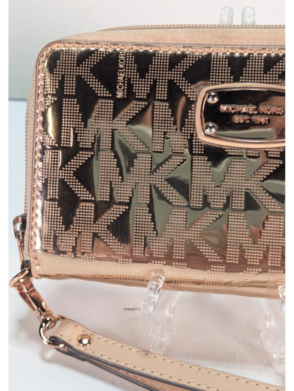 Michael Kors MK Signature Gold Metallic Wristlet Wallet Clutch Handbag Leather